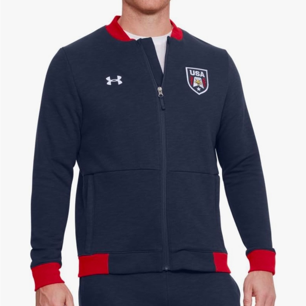 Under Armour USA fitted navy red full zip bomber sweatshirt jacket size medium